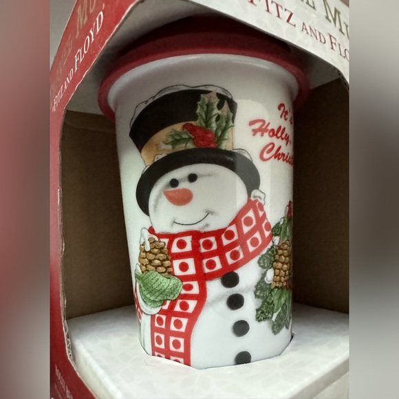 Porcelain Other - Fitz & Floyd Porcelain Travel Mug Holly Hat Snowman Silicone Lid 12 oz Brand New